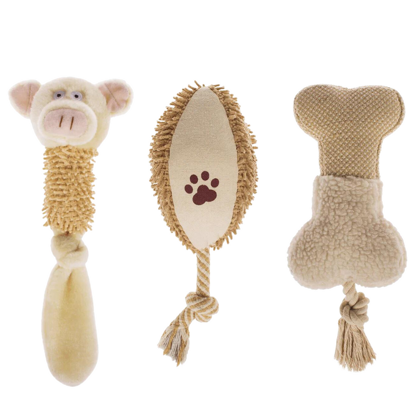 Chic Canine Comfort: 3-Piece Elegant Khaki Piggy Plush Dog Toy Set