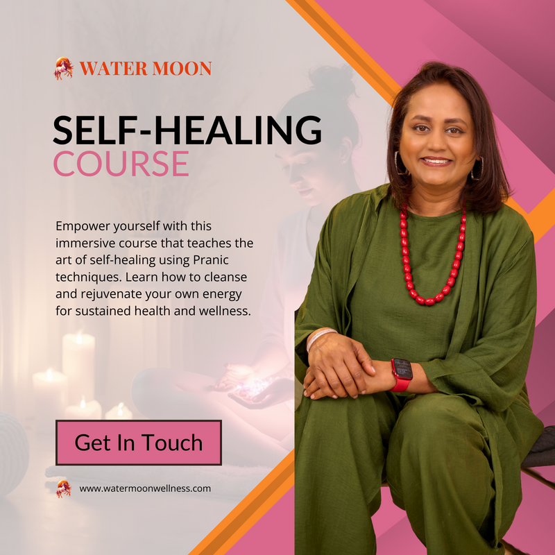 Empowering Self-Healing Course by Rashmi Coelho at Water Moon, teaching clients how to cleanse and recharge their own energy for sustained health and inner balance.