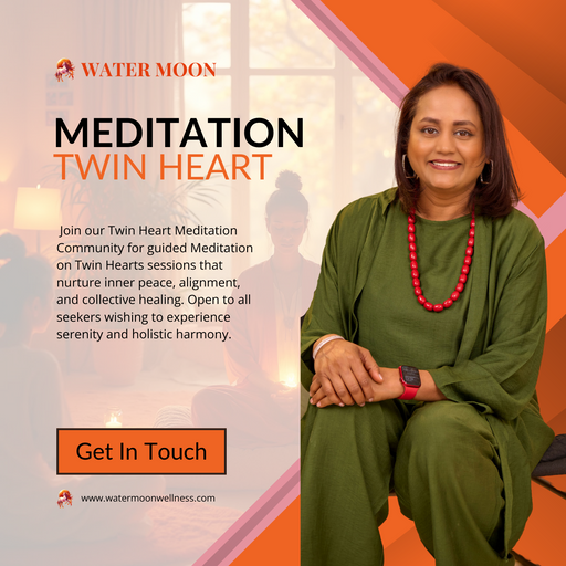 Weekly Meditation on Twin Hearts led by Rashmi Coelho at Water Moon; a community practice for peace, alignment, and spiritual connection open to all levels.