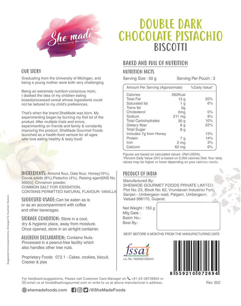 She Made Double Dark Chocolate Pistachio Biscotti 150g