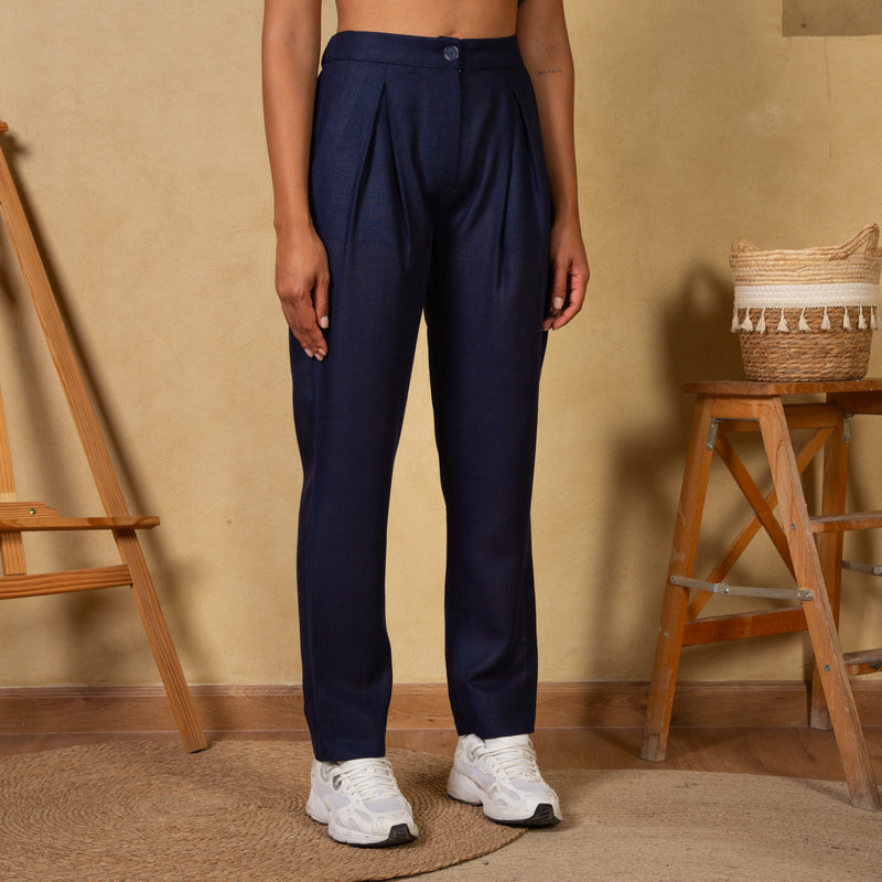 Navy High-Waist Linen Trousers