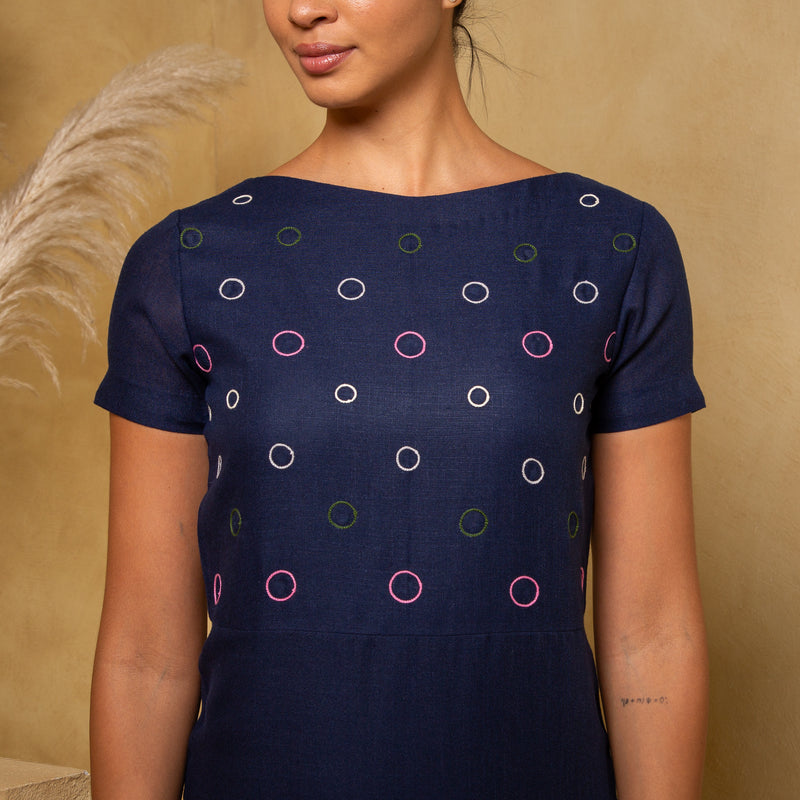 Navy Green Hem Linen Dress