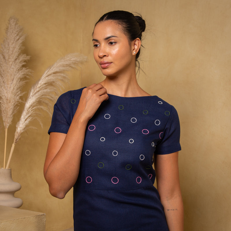 Navy Green Hem Linen Dress