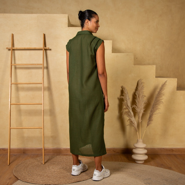Olive Linen Button-Down Dress