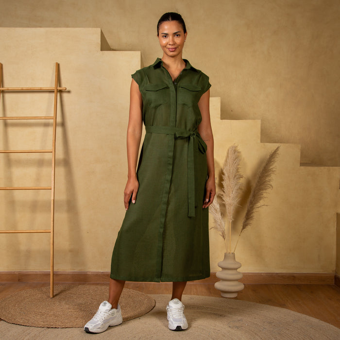 Olive Linen Button-Down Dress