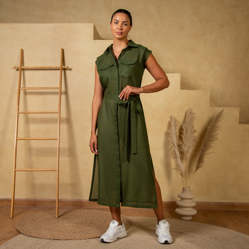 Olive Linen Button-Down Dress