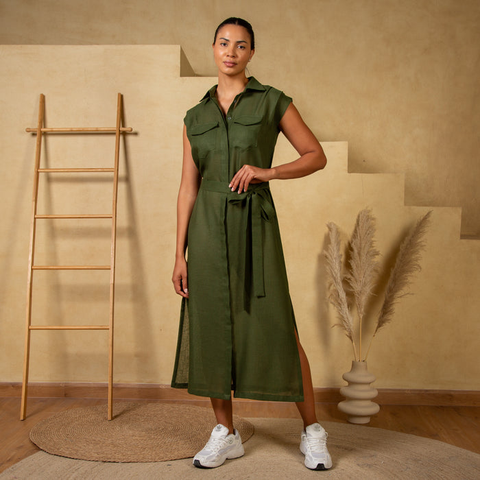 Olive Linen Button-Down Dress