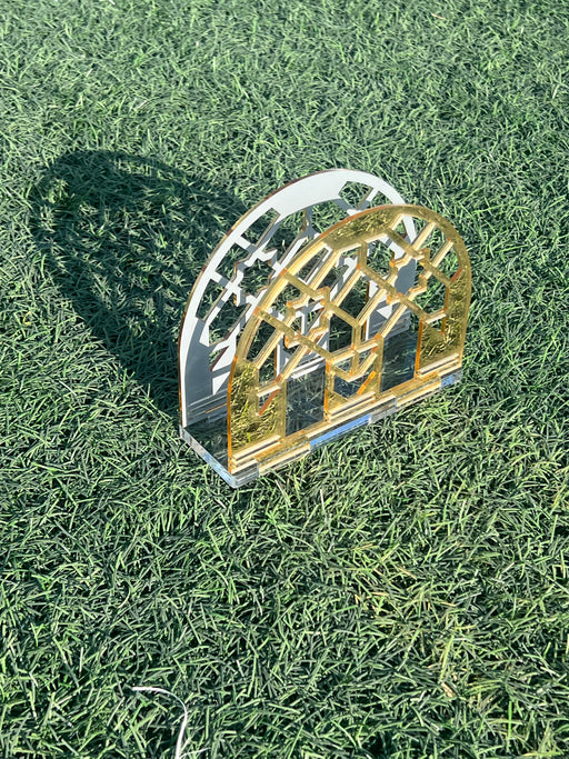 Golden acrylic tissue holder – elegant Ramadan decor, perfect for home or gifting.