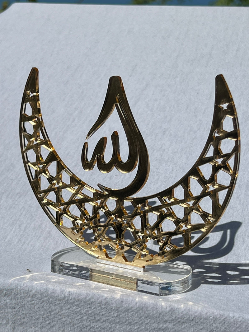 Golden acrylic decorative Allah stand – elegant Islamic home decor or Ramadan gift, featuring a lustrous finish.
