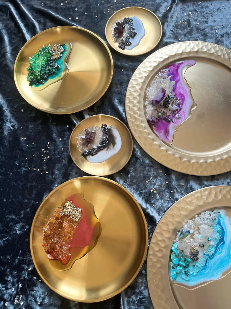 Gold plate with gemstones and crystals