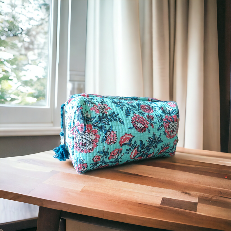 Block Print Toiletry Pouch Blue and Pink