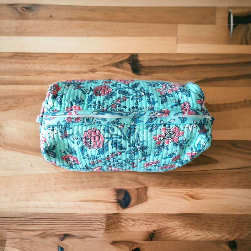 Block Print Toiletry Pouch Blue and Pink
