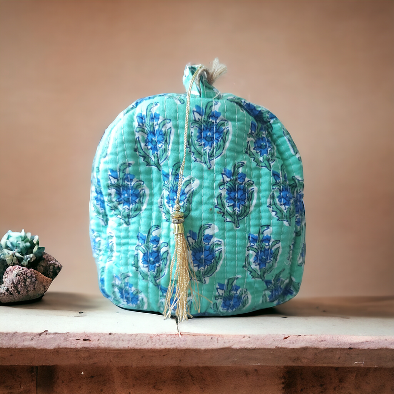 Block Print Toiletry Pouch Turquoise Blue