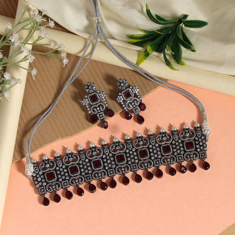 Maroon Color Black Silver Brass American Diamond Choker Necklace Set (PCZN683MRN) - Maroon