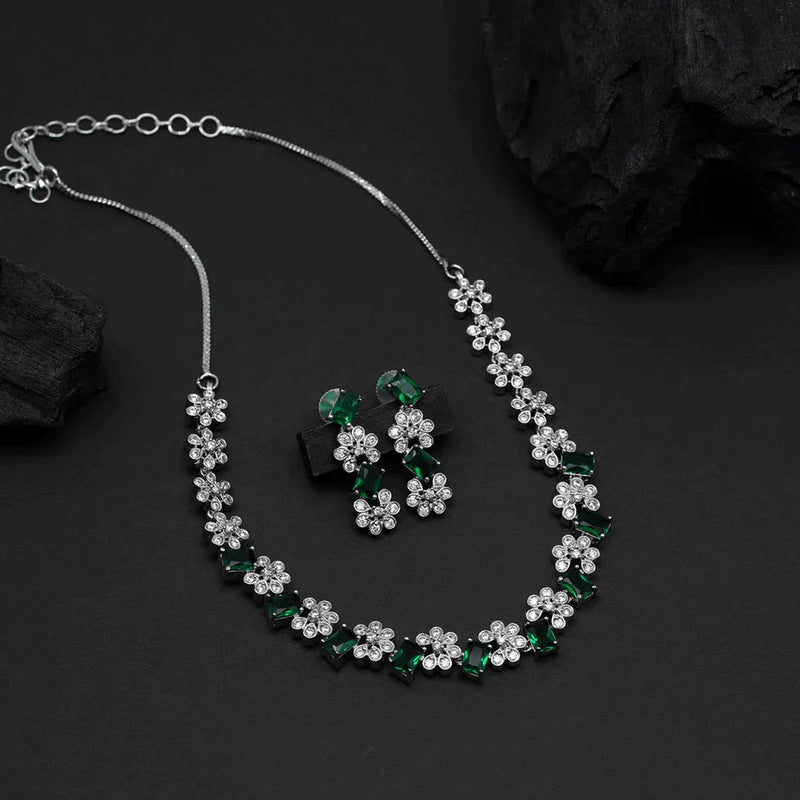 Green Color American Diamond Necklace Set (CZN819GRN ) - Green