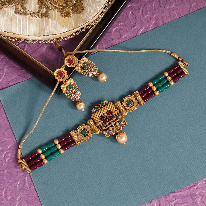 Rani & Green Color Choker Matte Gold Necklace Set (TPLN467RNIGRN) - Rani & Green