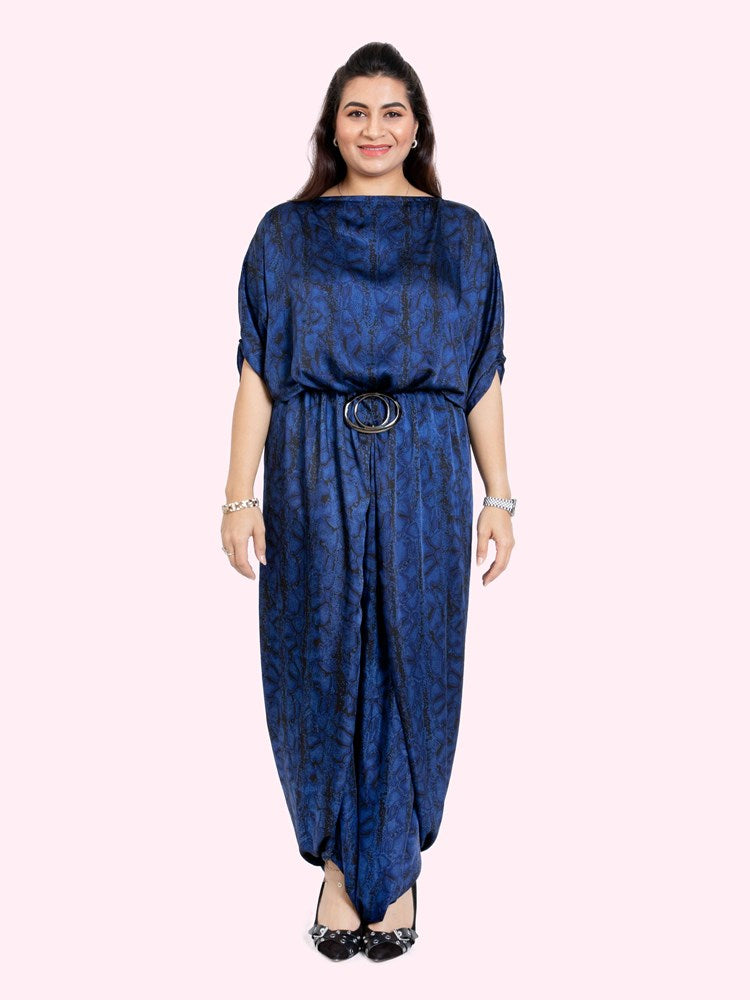 blue python print harem jumpsuit