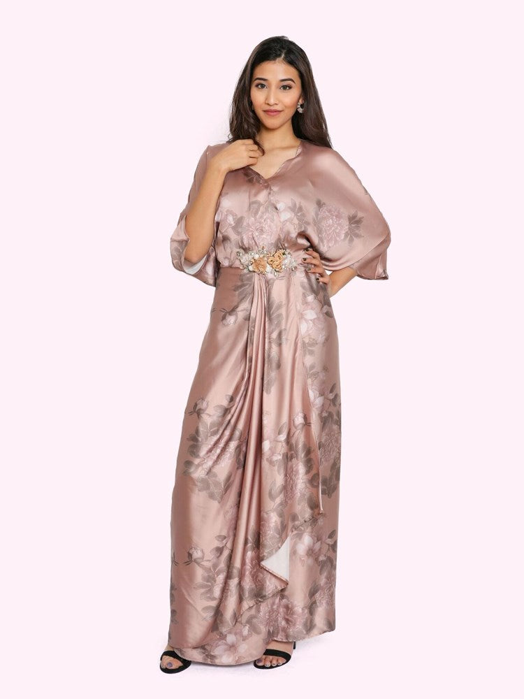 beige floral printed gown with appliqued patch