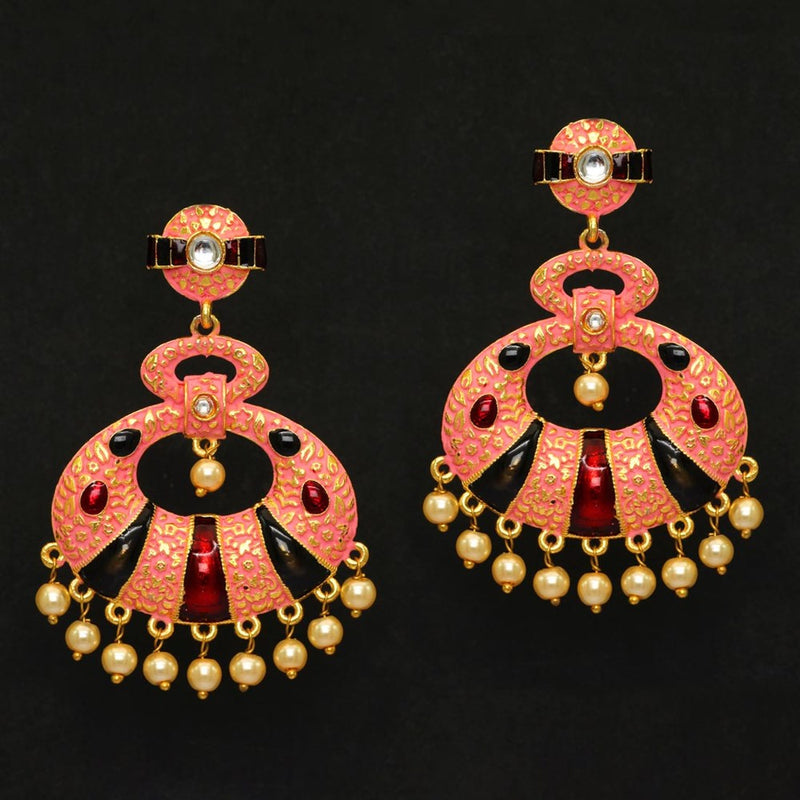 Pink color kundan meenakari earrings