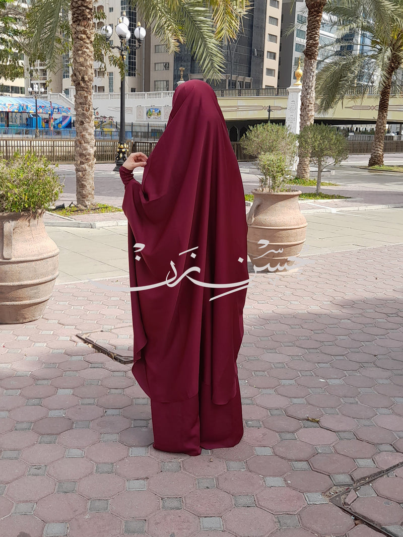 Burgundy 3 Piece Jilbab Elastic Sleeves