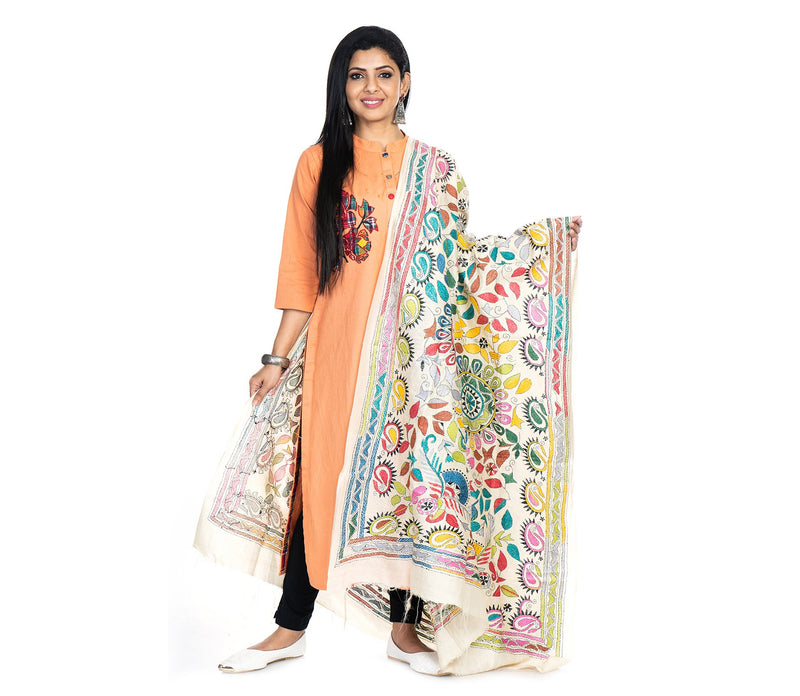 Kantha Stitched Dupatta on Tussar Base