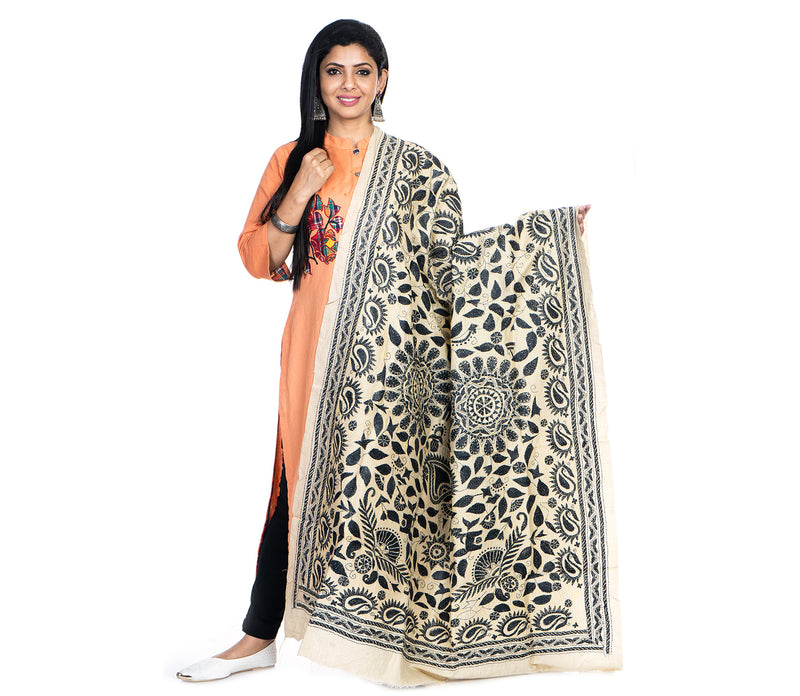Kantha Stitched Dupatta on Tussar Base