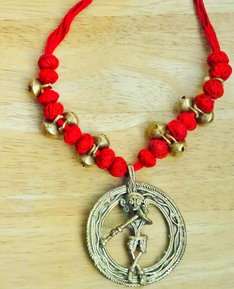 Ethnic Handcrafted Red Threaded Dokra Necklace - Krishna