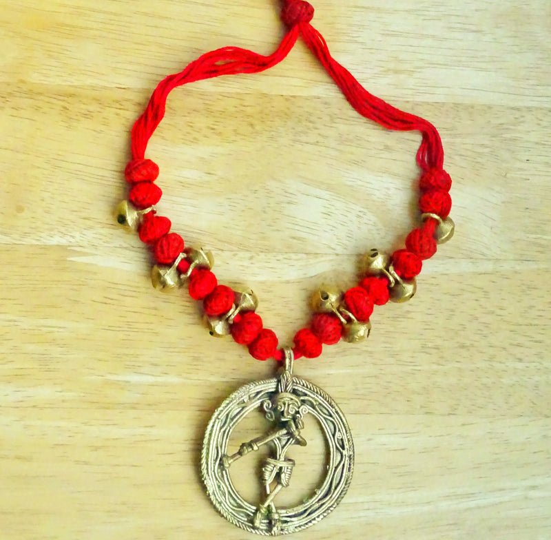 Ethnic Handcrafted Red Threaded Dokra Necklace - Krishna