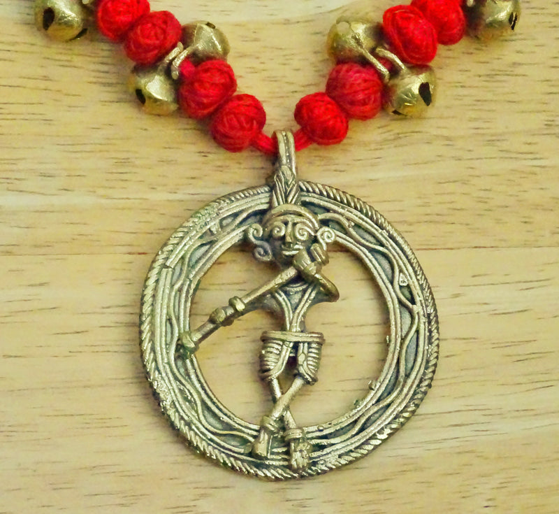 Ethnic Handcrafted Red Threaded Dokra Necklace - Krishna