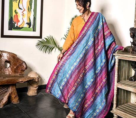 Kantha Stitched Dupatta on Silk Print Base